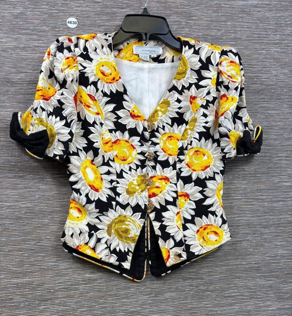 Warren Petites Blouse Womens Sz 4P Black Sunflower Floral Puff Sleeve Button Top